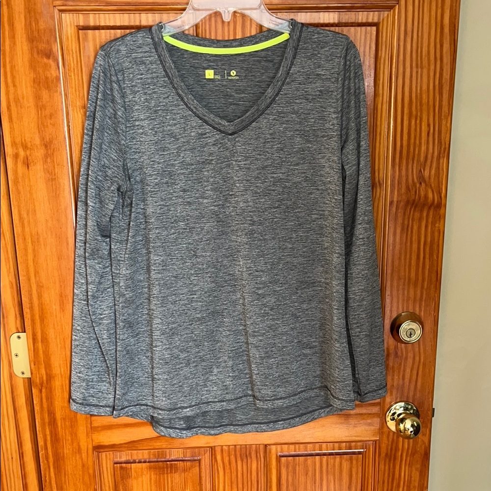 Xersion Heather Gray and Neon Yellow V-Neck Shirt